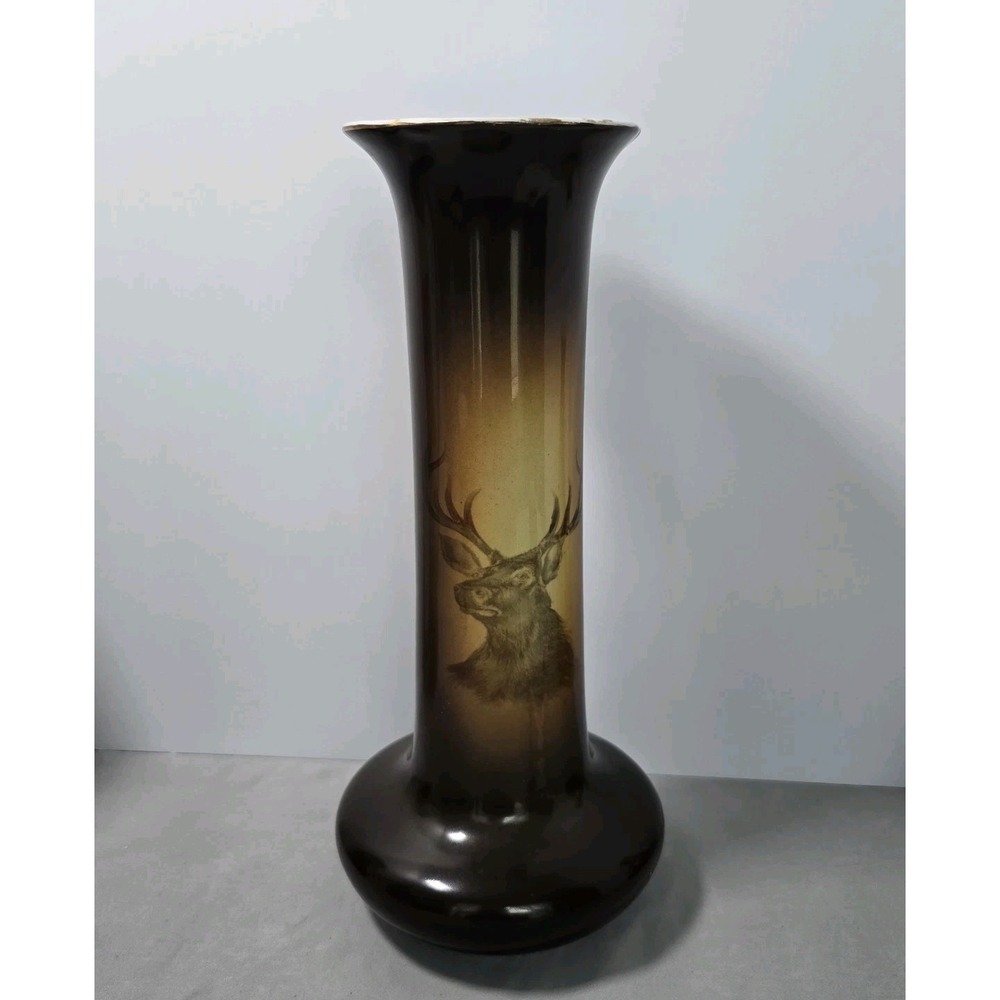 Vtg Westmoreland Painted Milk Glass Vase Elk/Stag Image Trumpet 11"x5"